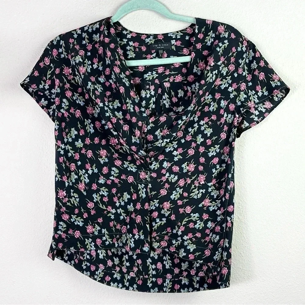 Rag & Bone 100% Silk Shields Short Sleeve Top V-neck Floral Blouse sz XXS / TTP